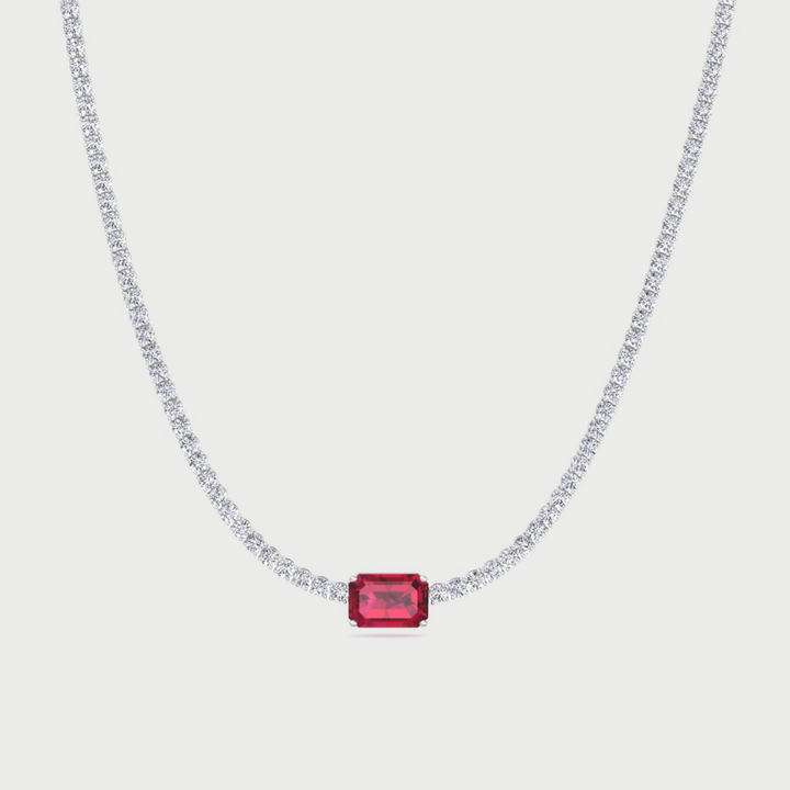 (12CT T.W.) Single Stone Red Ruby Lab Diamond Tennis Necklace 14K Solid Gold