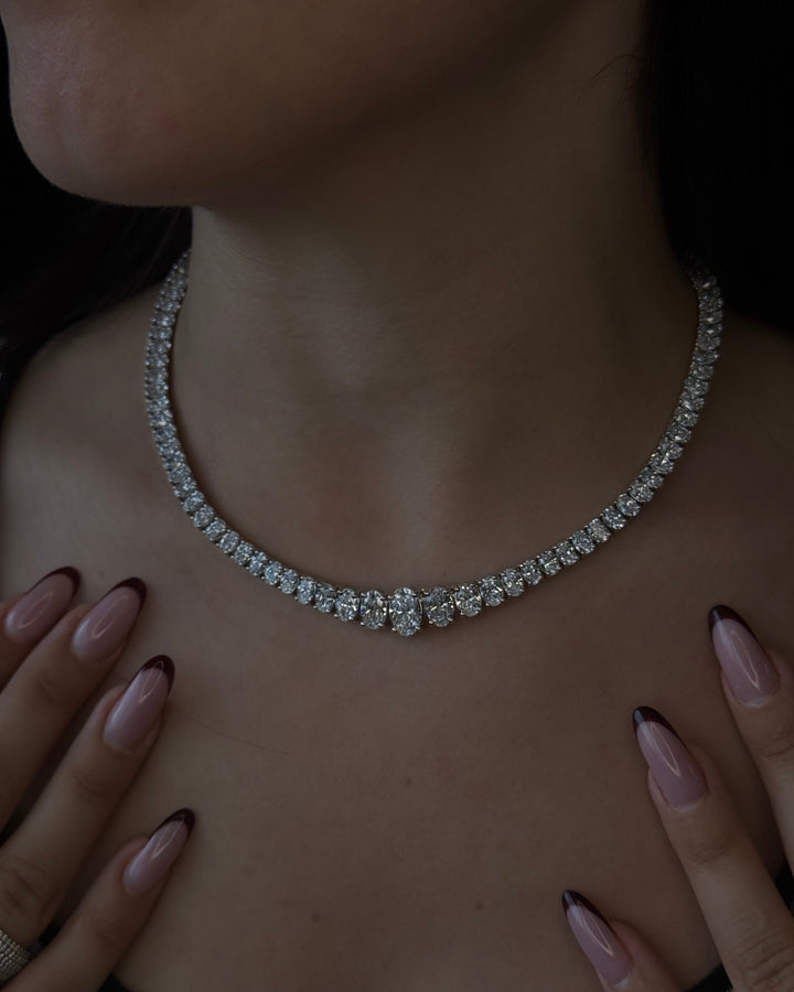 Oval Cut Graduated Lab Grown Necklace 18K Solid Gold