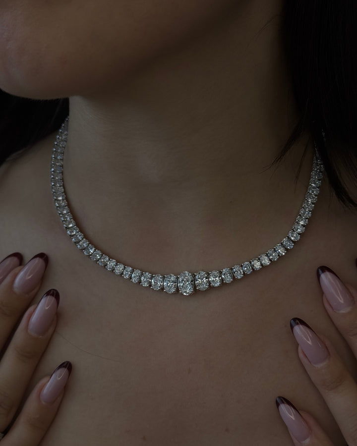 Oval Cut Graduated Lab Grown Necklace 18K Solid Gold