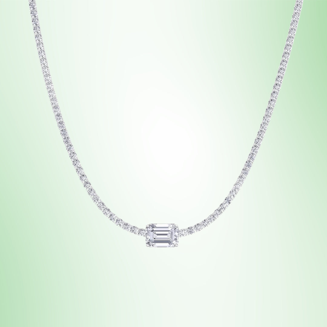 (10.75CT T.W) Classic Lab-Grown Diamond Tennis Necklace With Emerald Cut Center Stone 18K Solid Gold