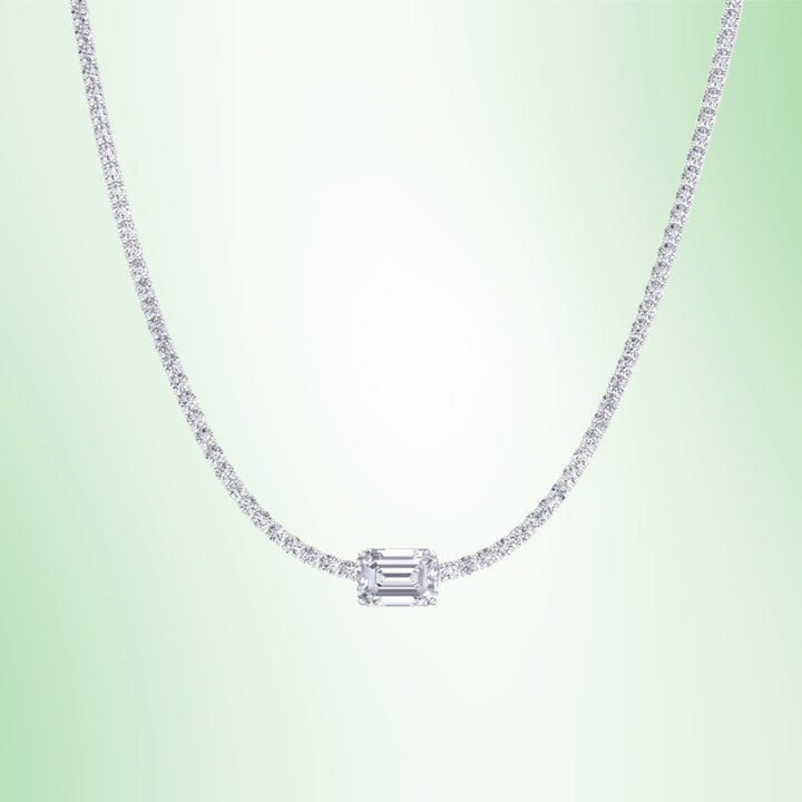 (10.75CT T.W) Classic Lab-Grown Diamond Tennis Necklace With Emerald Cut Center Stone 18K Solid Gold