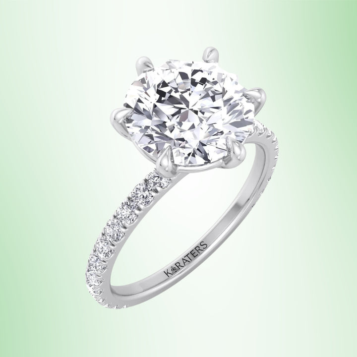 Adria - Six Prong Round Cut Lab Grown Diamond Engagement Ring With Pave Band