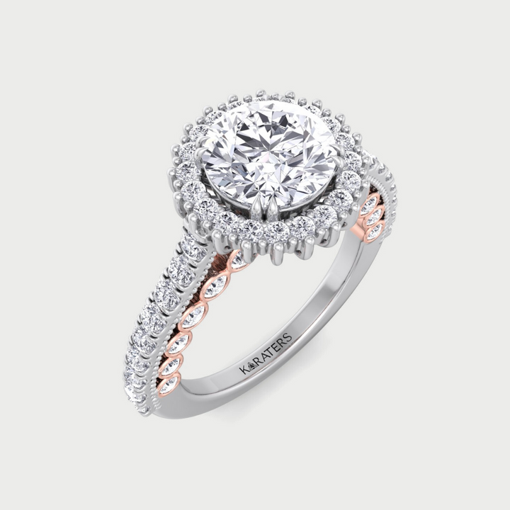 Round Cut Lab Grown Diamond Engagement Ring with Round Cut Halo and Milligrain in Two-Toned Band