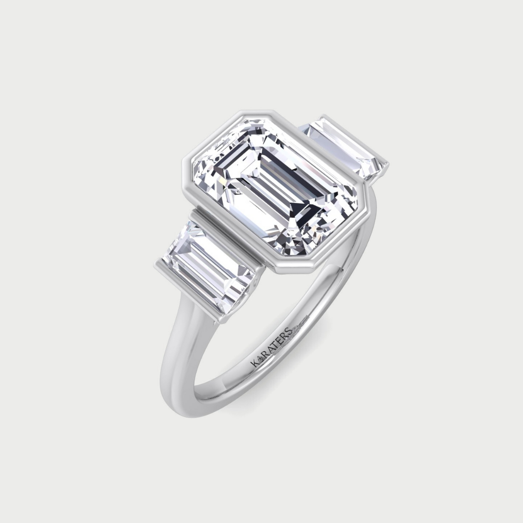 Three Stone Emerald Shape Lab Grow Diamond Engagement Ring 14K 18K Platinum