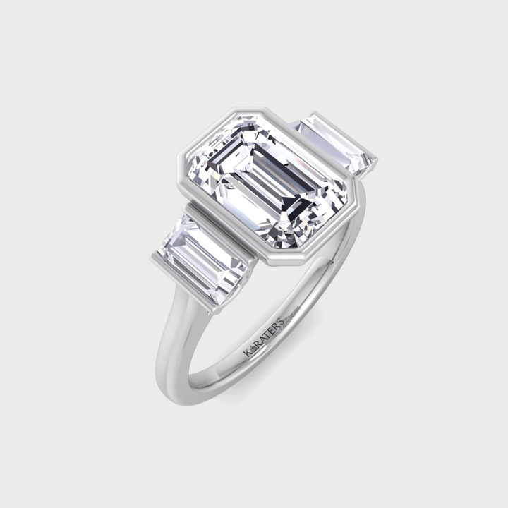 Three Stone Emerald Shape Lab Grow Diamond Engagement Ring 14K 18K Platinum