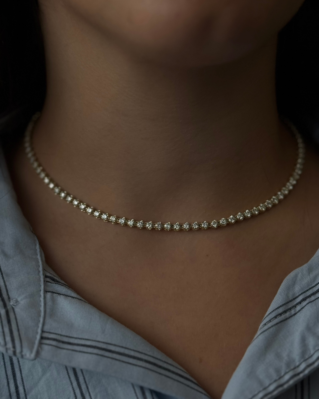 3 Prong Round Shape Lab Grown Diamond Tennis Necklace - Martini Style 14K Solid Gold