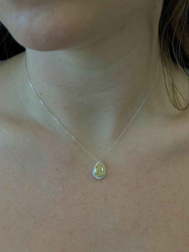 Fancy Yellow Pear Shape Halo Lab Grown Diamond Pendant
