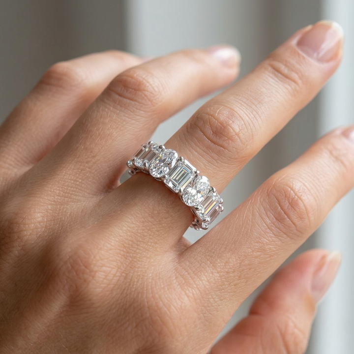 Alternating Emerald and Oval Shape Lab Grown Diamond Eternity Band