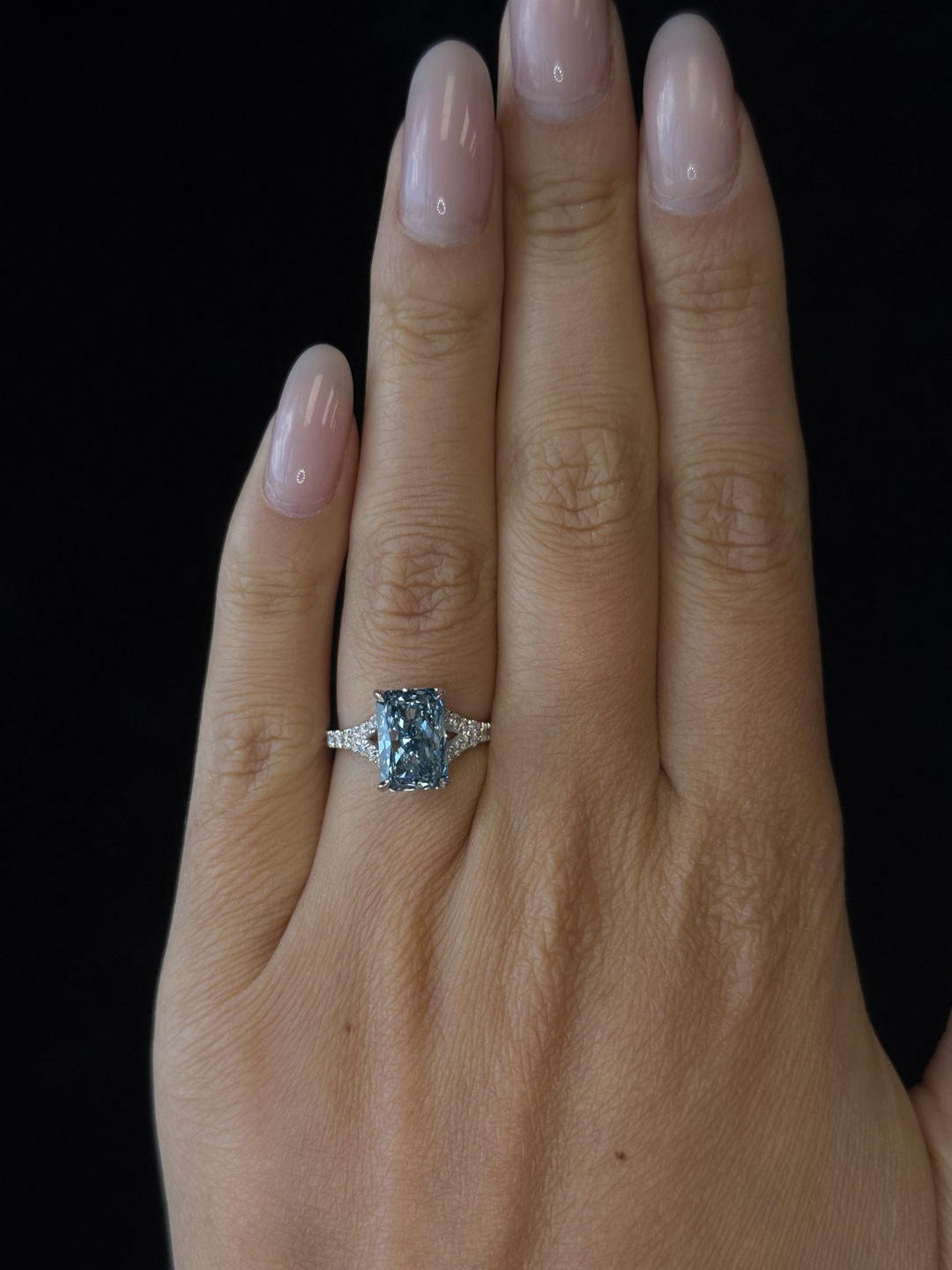 Fancy Blue Radiant Cut Lab Grown Diamond Split Shank Engagement Ring