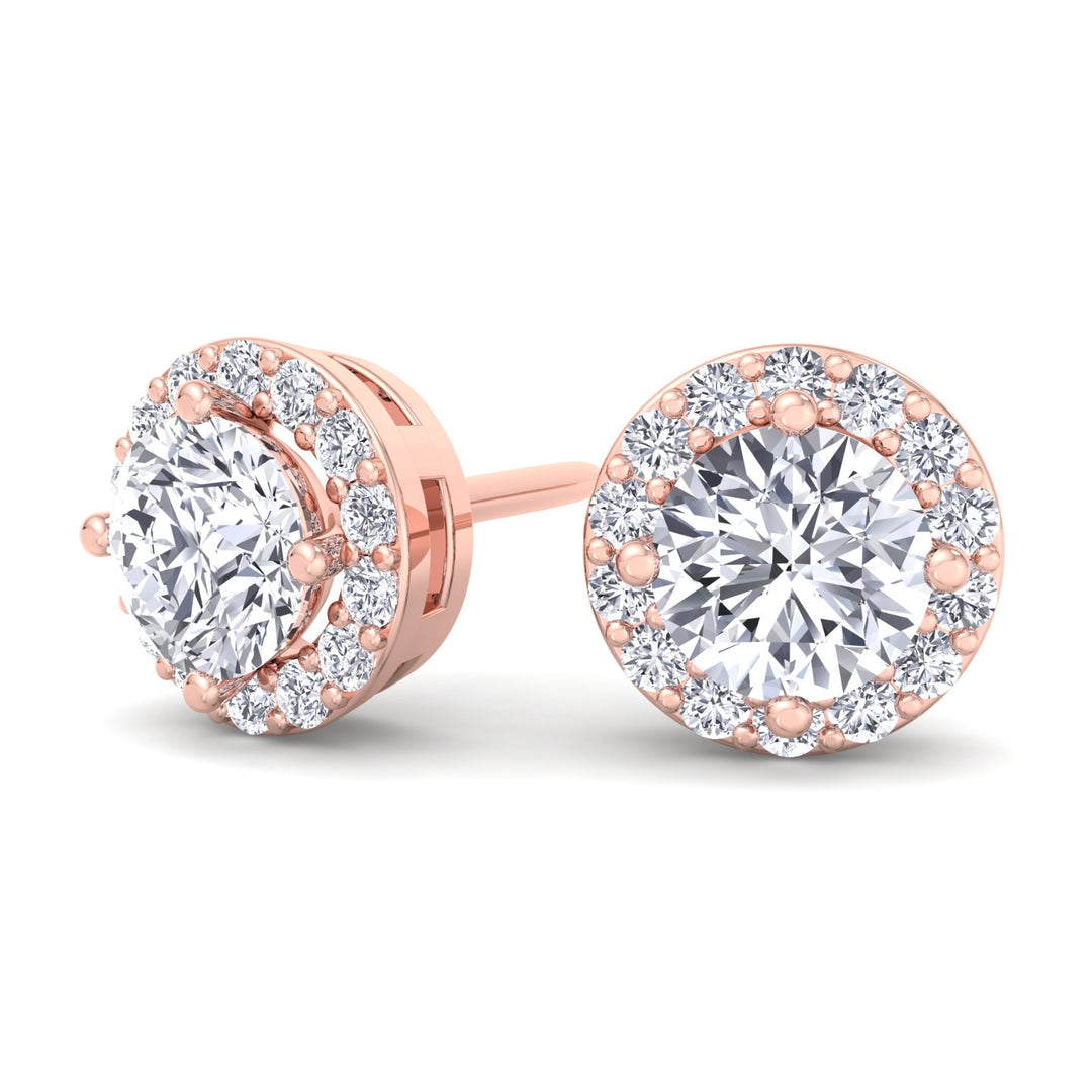 Round Cut Lab Grown Diamond Halo Studs Rose Gold 18K