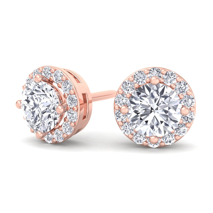 Round Cut Lab Grown Diamond Halo Studs Rose Gold 18K