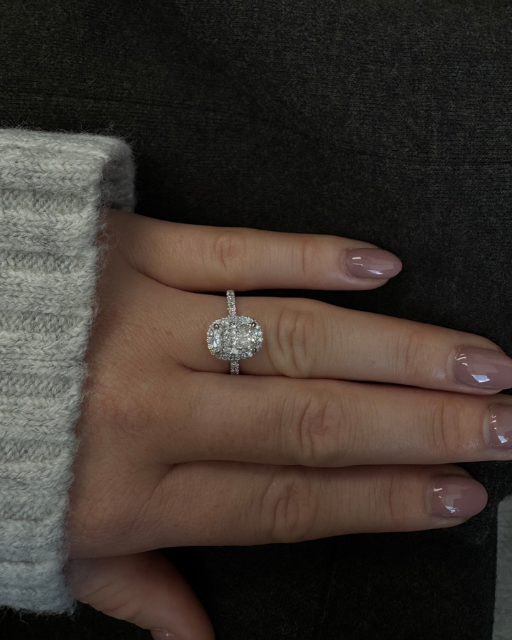 Elongated Cushion Shape Lab Grown Diamond Halo Engagement Ring with Round Sidestones - 2ct