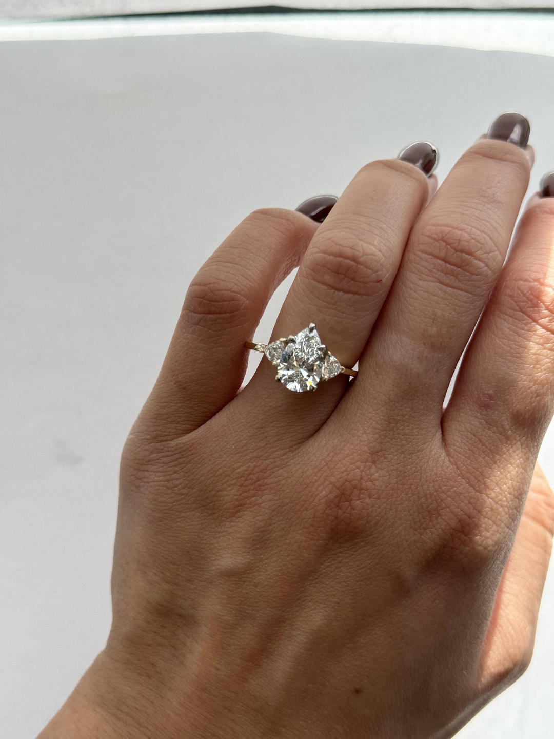 Pear Shape Lab Grown Diamond Engagement Ring with Trillion Side Stones
