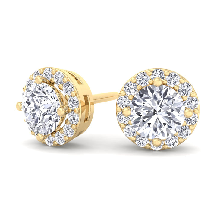 Round Cut Lab Grown Diamond Halo Studs Yellow Gold 18K