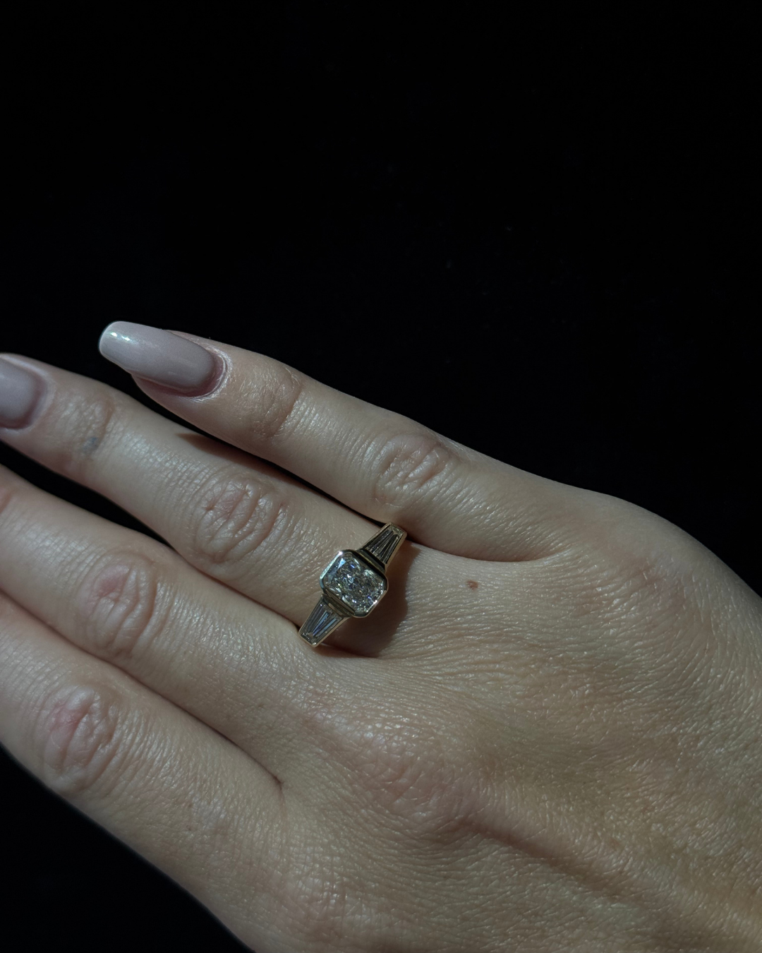 2ct Radiant Cut Bezel Setting Lab Grown Diamond Engagement Ring With Tapered Baguette Sidestones