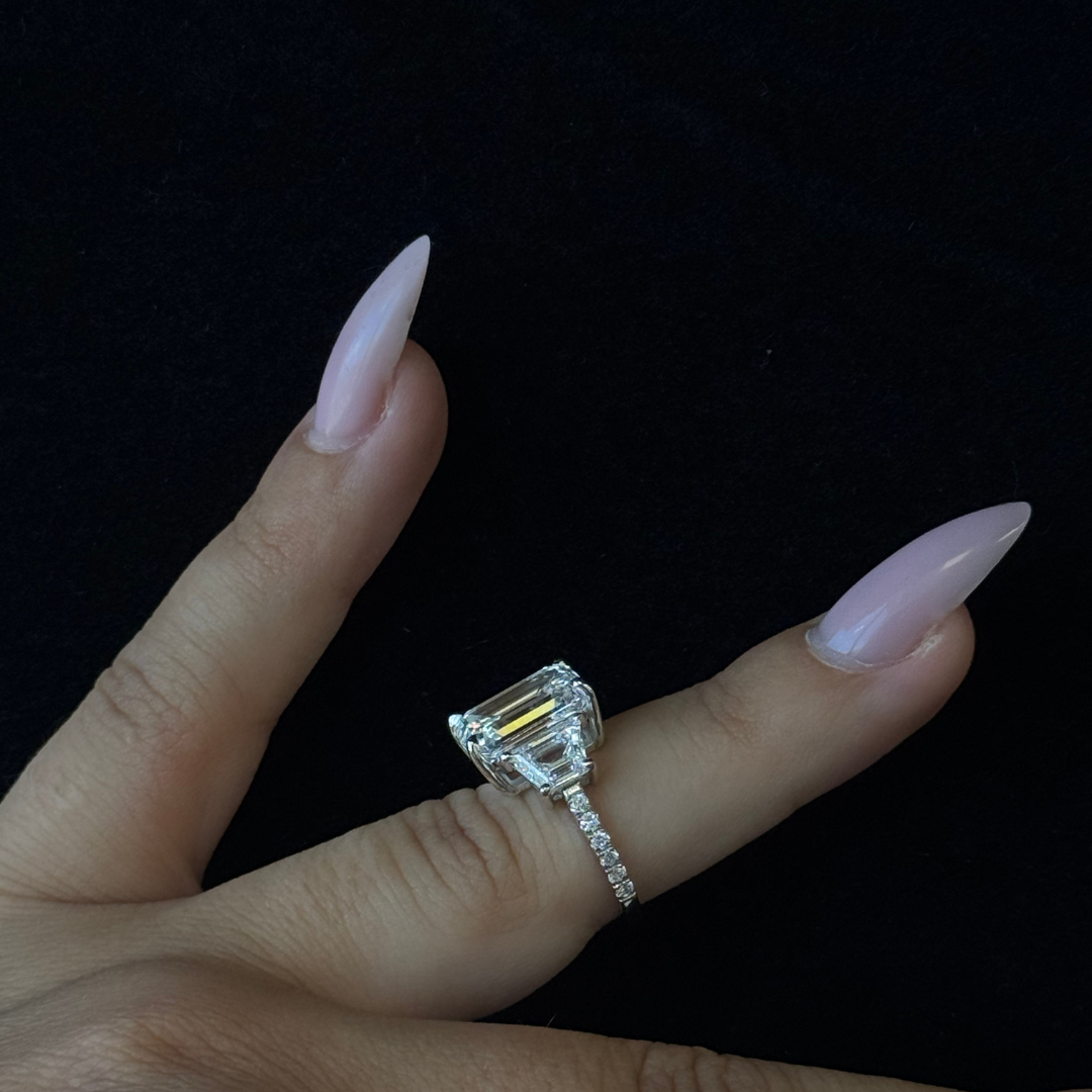 Emerald & Trapezoid Three Stone Lab-Grown Diamond Engagement Ring with Sidestones