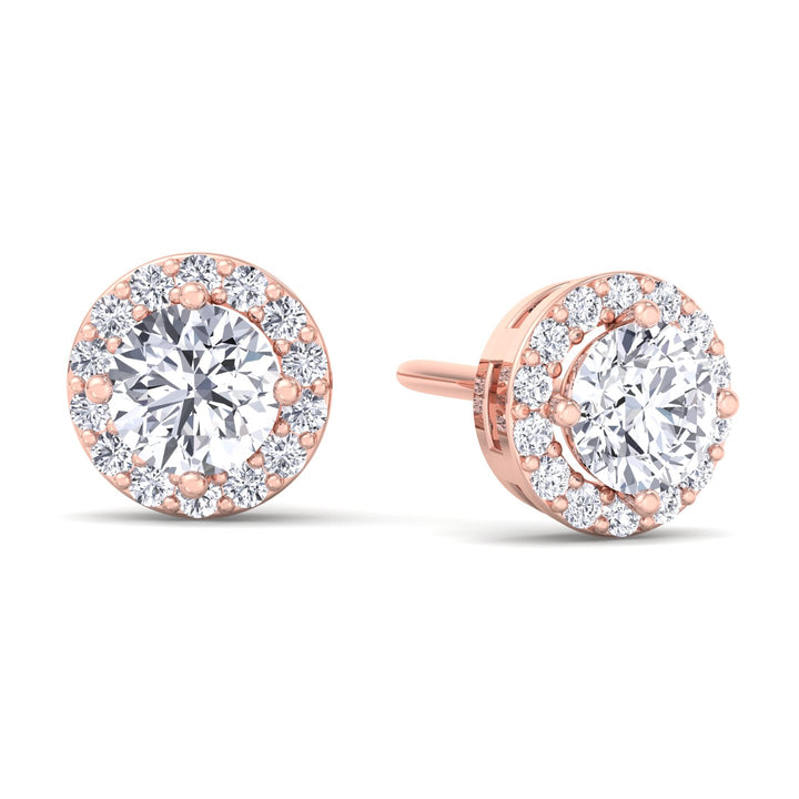 Round Cut Lab Grown Diamond Halo Studs Rose Gold 14K