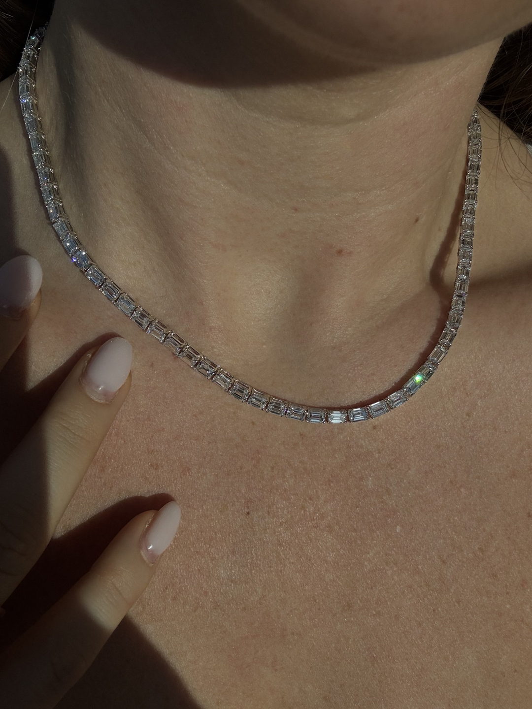 East-West Emerald Cut Lab Grown Diamond Tennis Necklace 18K Solid Gold
