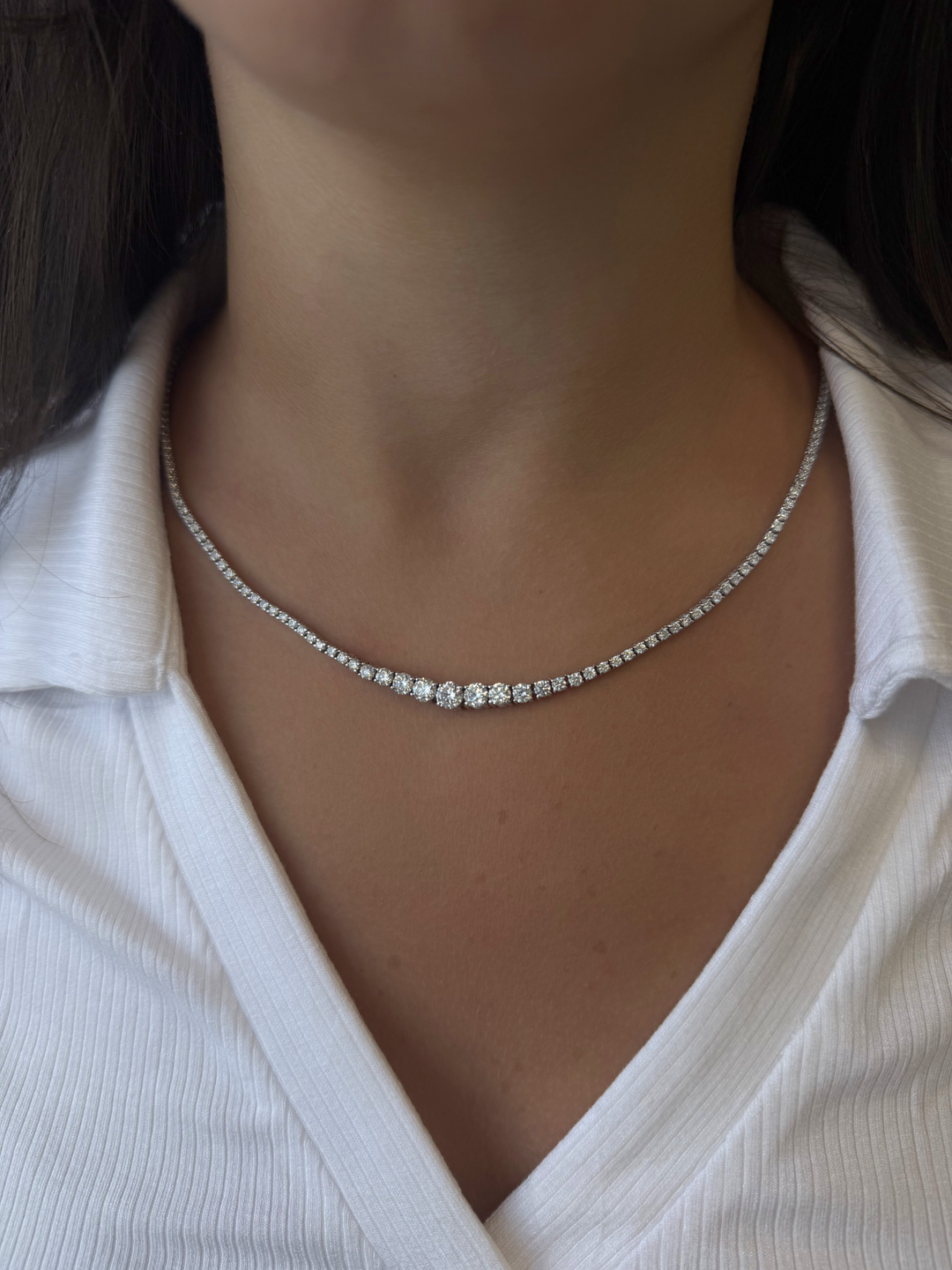 4 Prong Graduated Lab Grown Diamond Tennis Necklace 14K Solid Gold