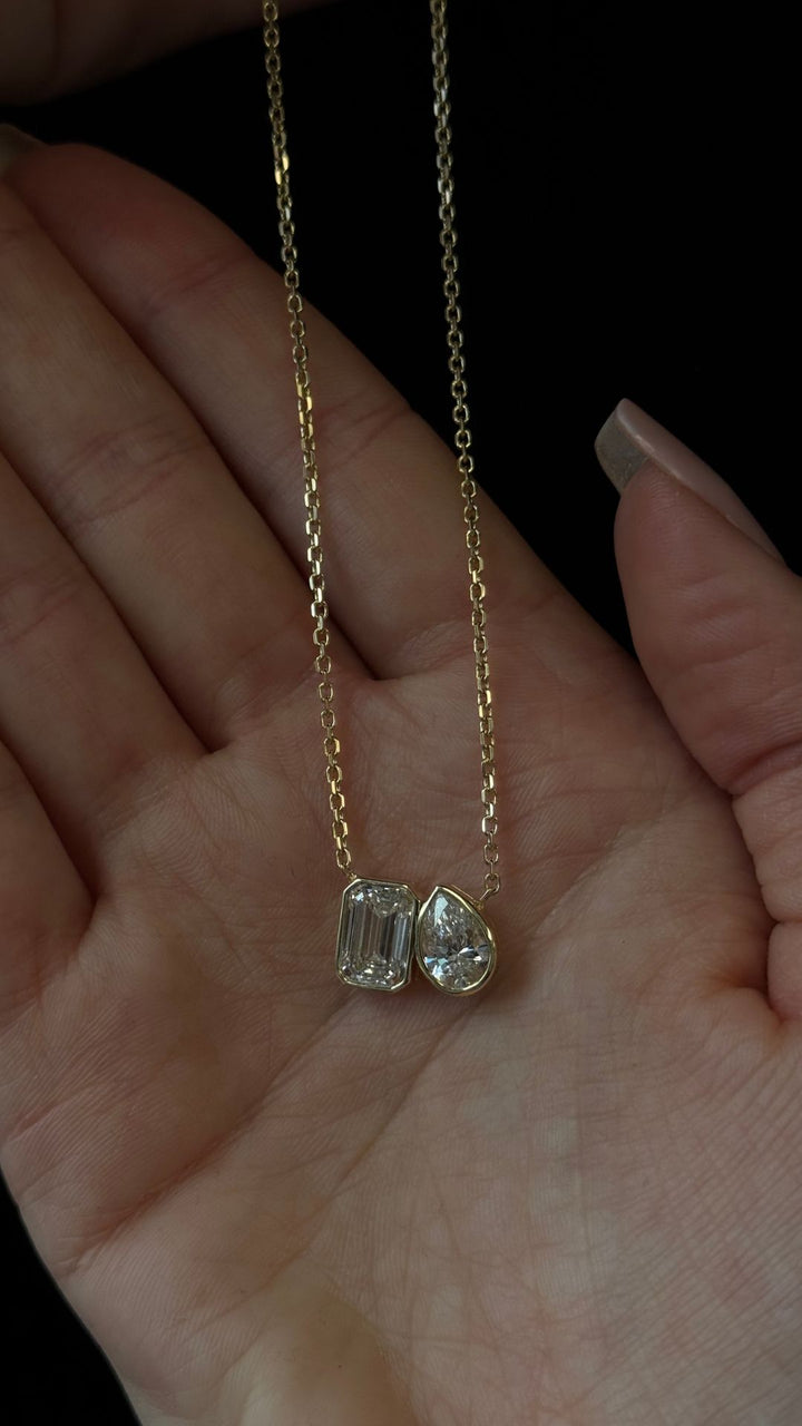 Bezel Set Emerald & Pear Shape Lab Grown Diamond Pendant