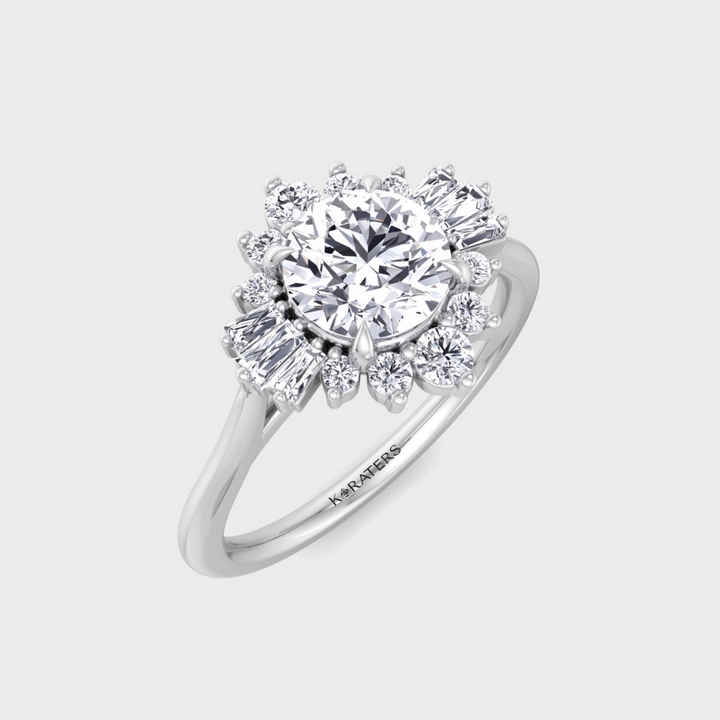 Round Cut Lab Grown Diamond Engagement Ring with Round and Tapered Baguette Clusters
