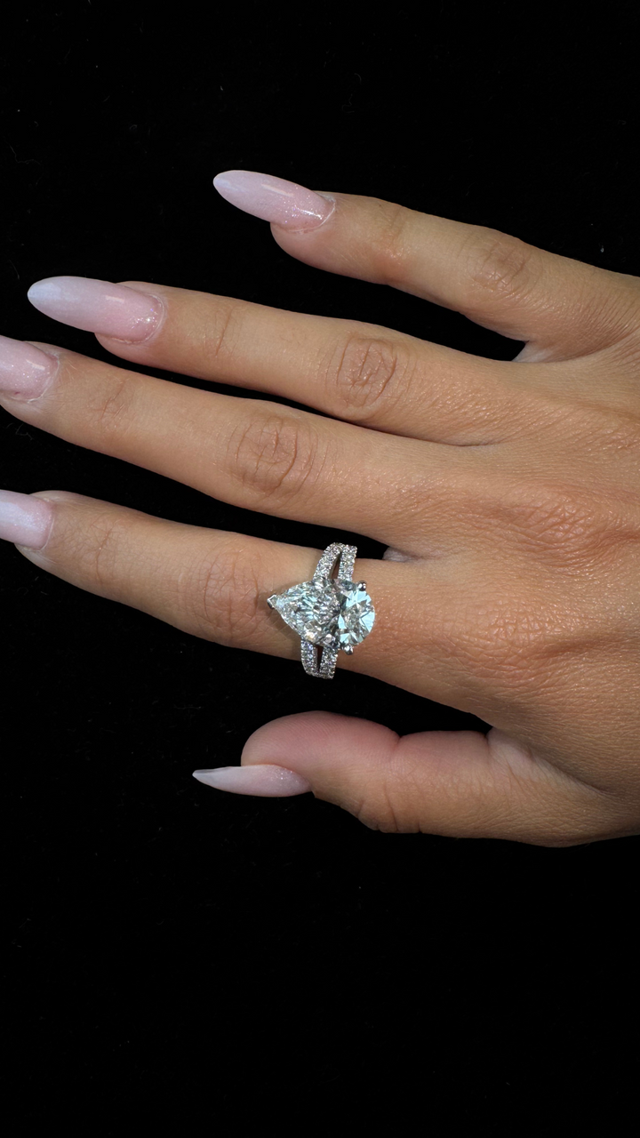 Pear Shaped Lab Grown Diamond Halo Engagement Ring with Pave Double Band