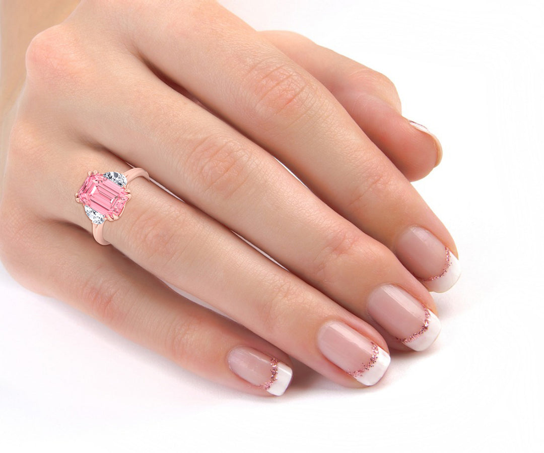 Fancy Pink Emerald Shape Lab Grown Diamond Engagement Ring with Half Moon Sidestones Rose