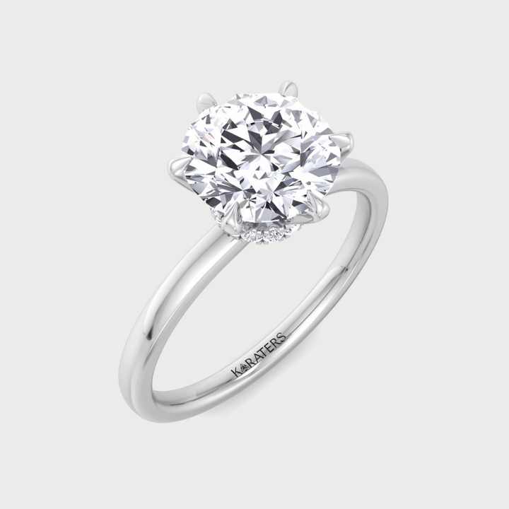 Round Cut Lab Grown Diamond Six Prong Solitaire Engagement Ring With Hidden Halo