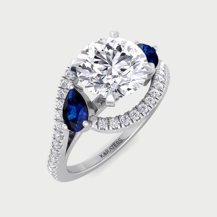 (2.85CT T.W.) Lab-Grown Diamond Engagement Ring with Halo & Blue Sapphire Pear Shape Sidestones
