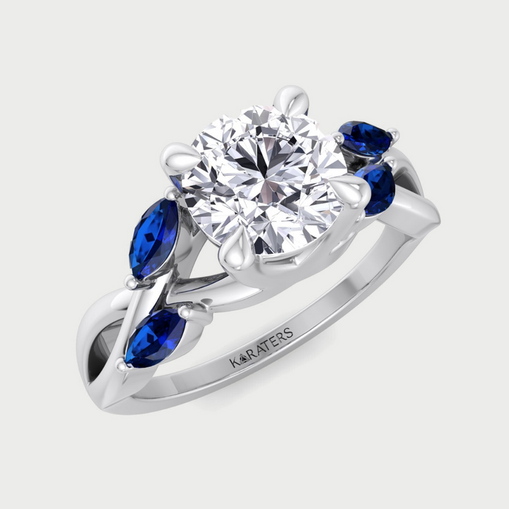 (2.85CT T.W.) - Round Cut Lab-Grown Diamond Engagement Ring with Blue Sapphire Marquise Shape Sidestones