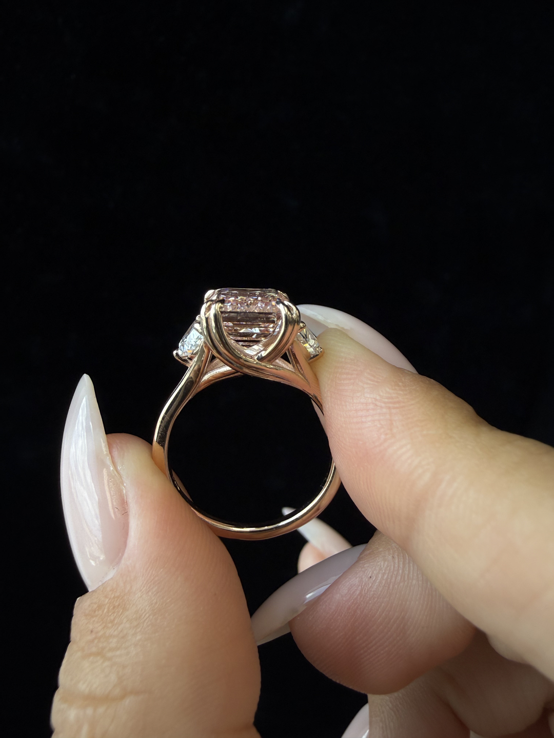 Fancy Pink Emerald Shape Lab Grown Diamond Engagement Ring with Half Moon Sidestones