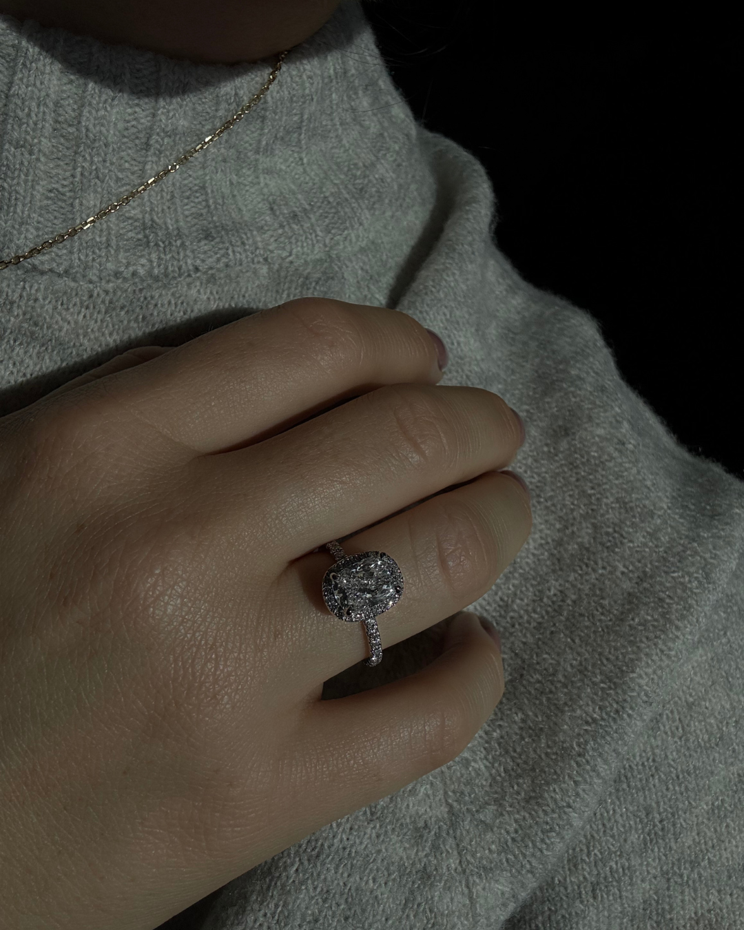 Elongated Cushion Shape Lab Grown Diamond Halo Engagement Ring with Round Sidestones