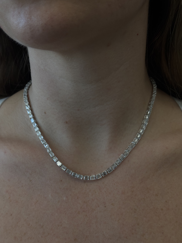 East-West Emerald Cut Lab Grown Diamond Tennis Necklace 14K Solid Gold