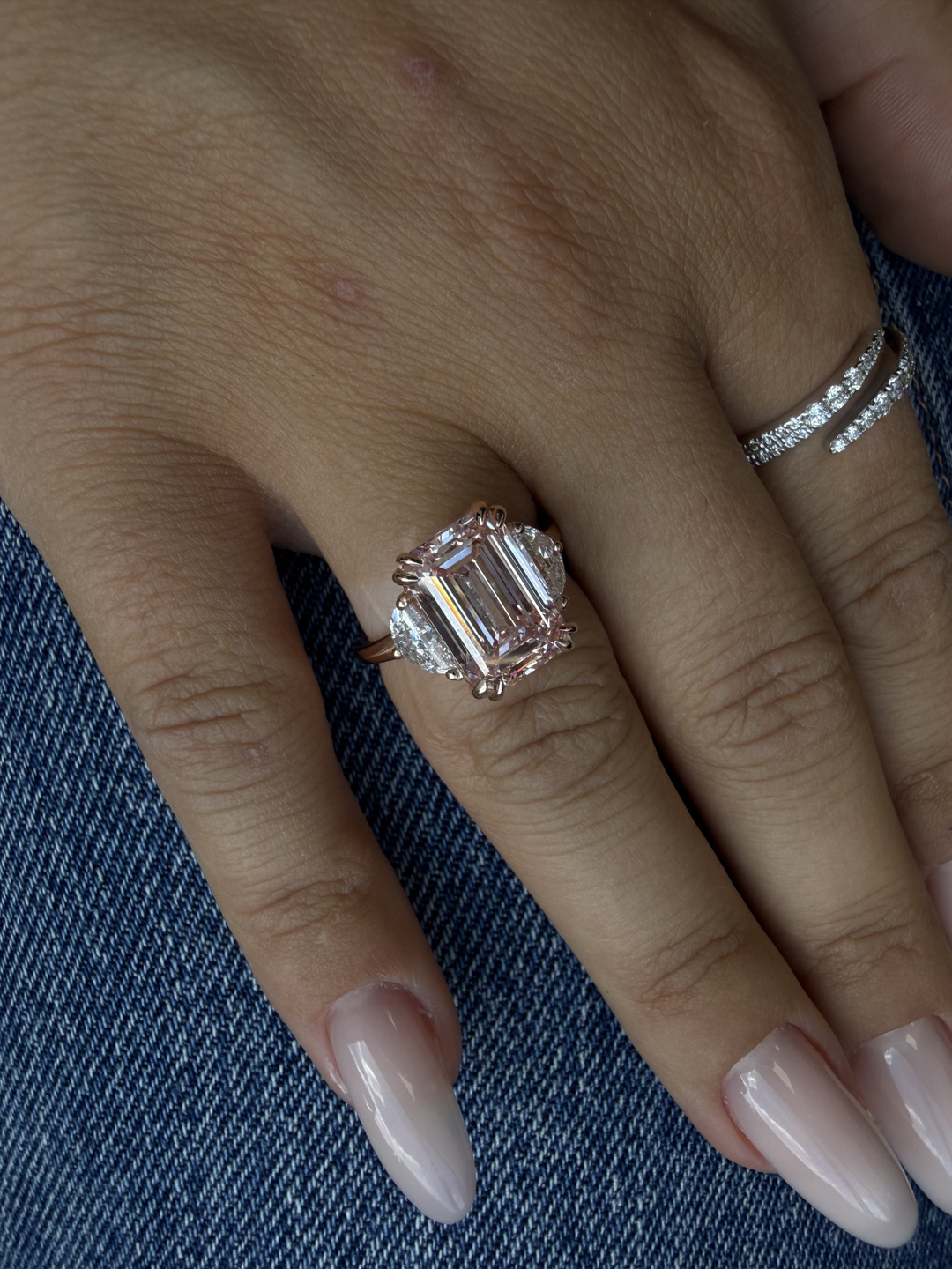 Emerald Shape Lab Grown Diamond Engagement Ring with Half Moon Sidestones