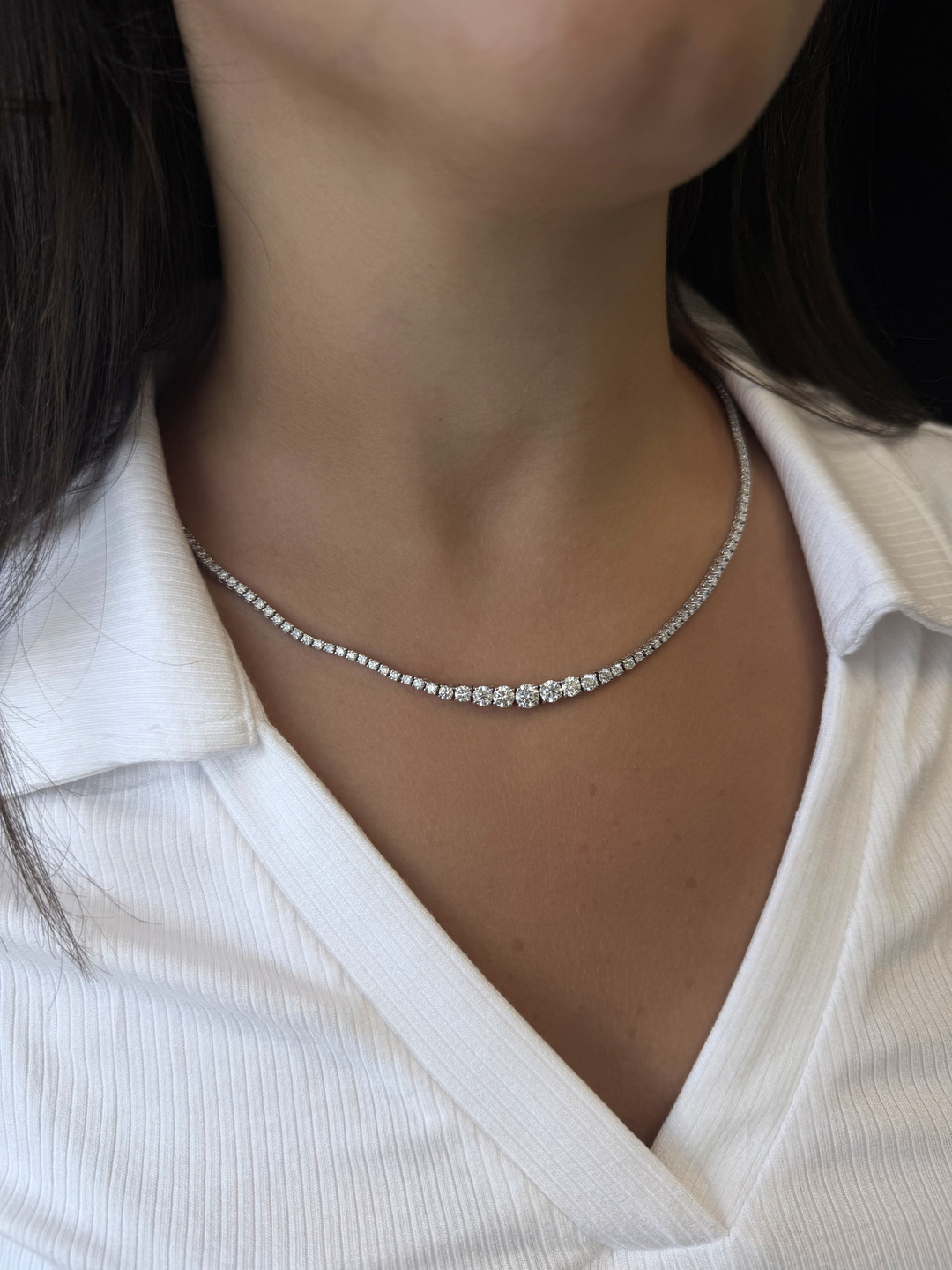 4 Prong Graduated Lab Grown Diamond Tennis Necklace 14K Solid Gold