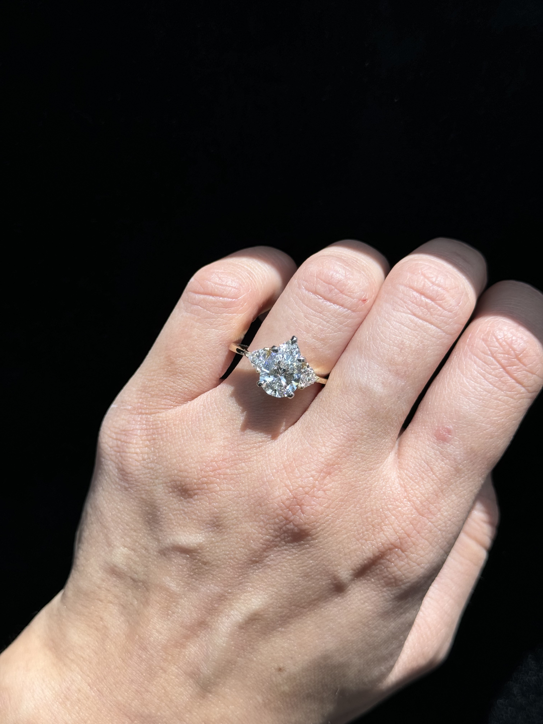 Pear Shape Lab Grown Diamond Engagement Ring with Trillion Side Stones