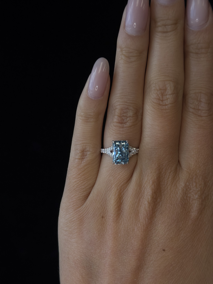 Fancy Blue Radiant Cut Lab Grown Diamond Split Shank Engagement Ring
