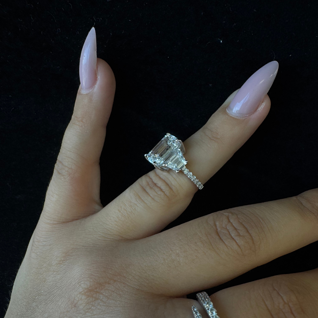 Emerald & Trapezoid Three Stone Lab-Grown Diamond Engagement Ring with Sidestones