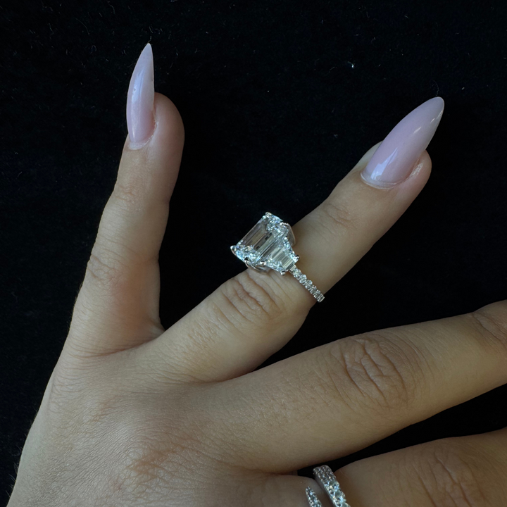 Emerald & Trapezoid Three Stone Lab-Grown Diamond Engagement Ring with Sidestones