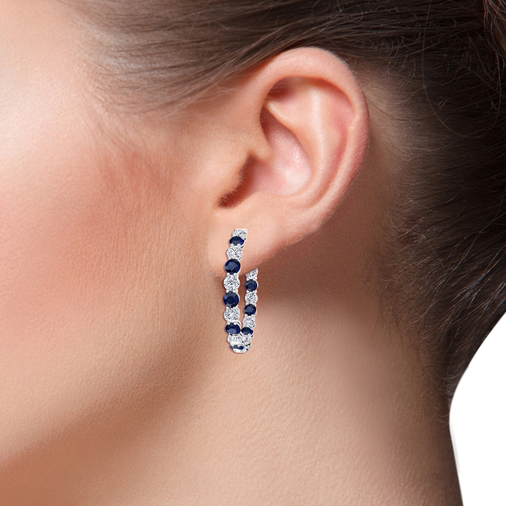 Alternating Lab Grown Blue Sapphire and Diamond Inside Out Hoop Earrings White Gold 7CT