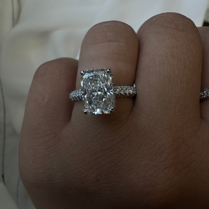 3CT Thick Pave Radiant Cut Hidden Halo Lab Grown Diamond Engagement Ring