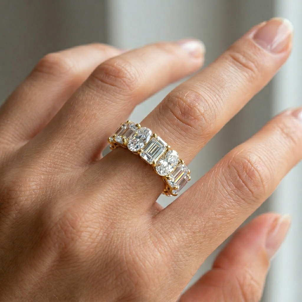 Alternating Emerald and Oval Shape Lab Grown Diamond Eternity Band