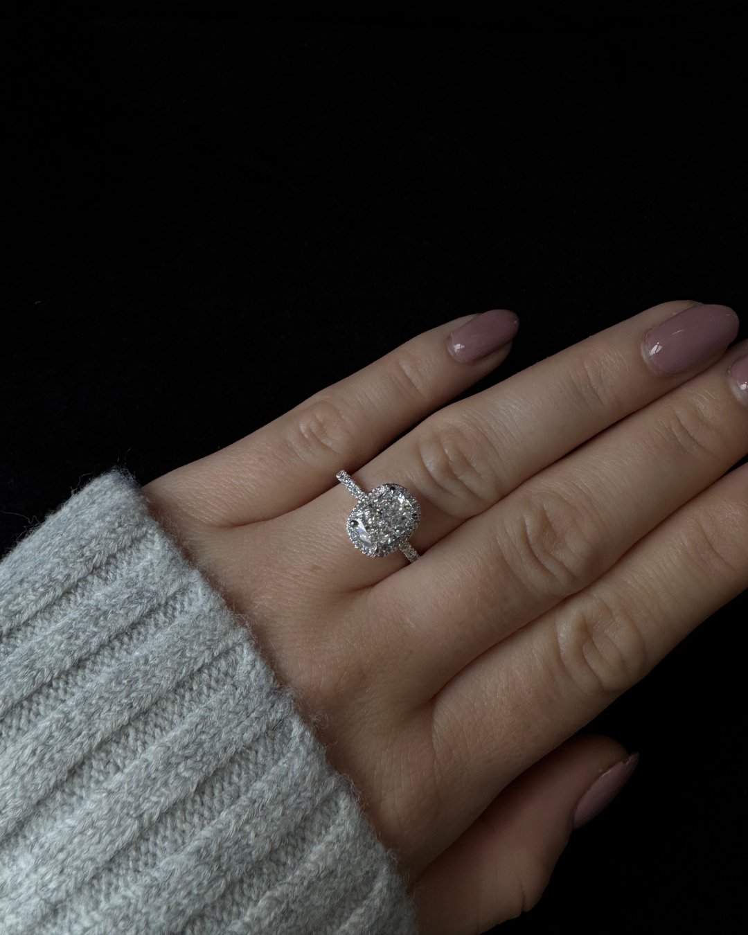 Elongated Cushion Shape Lab Grown Diamond Halo Engagement Ring with Round Sidestones 2ct white gold