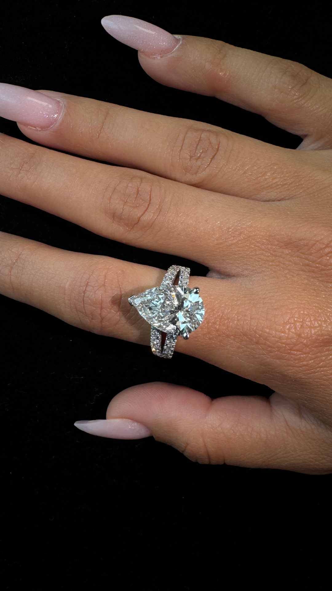 Pear Shaped Lab Grown Diamond Halo Engagement Ring with Pave Double Band