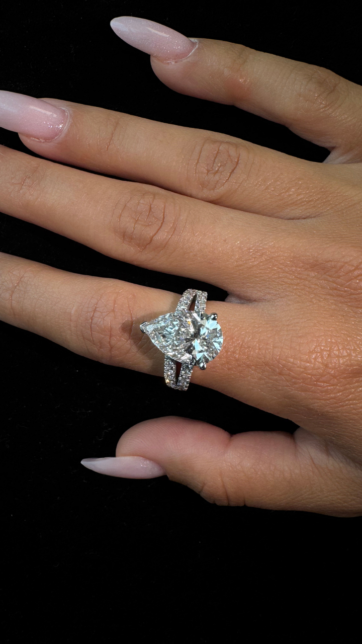 Pear Shaped Lab Grown Diamond Halo Engagement Ring with Pave Double Band
