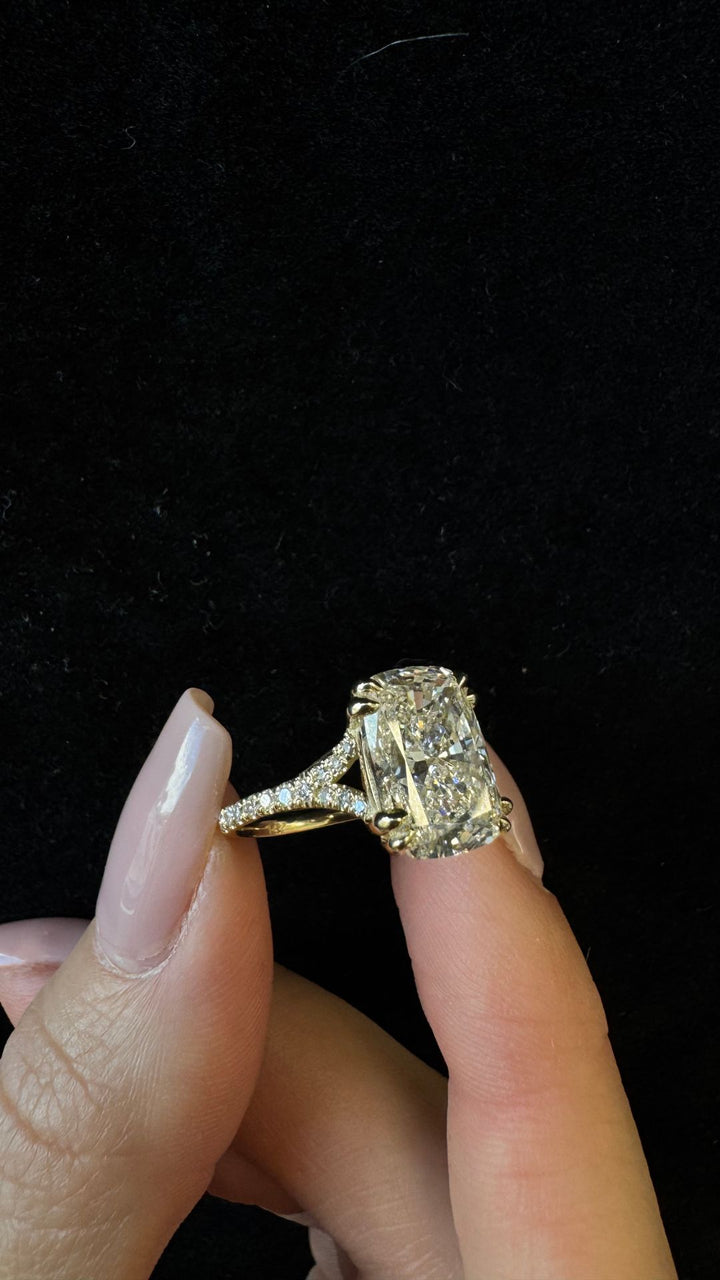 Elongated Cushion Shape Lab Grown Diamond Engagement Ring with Double Claw and Pave Band