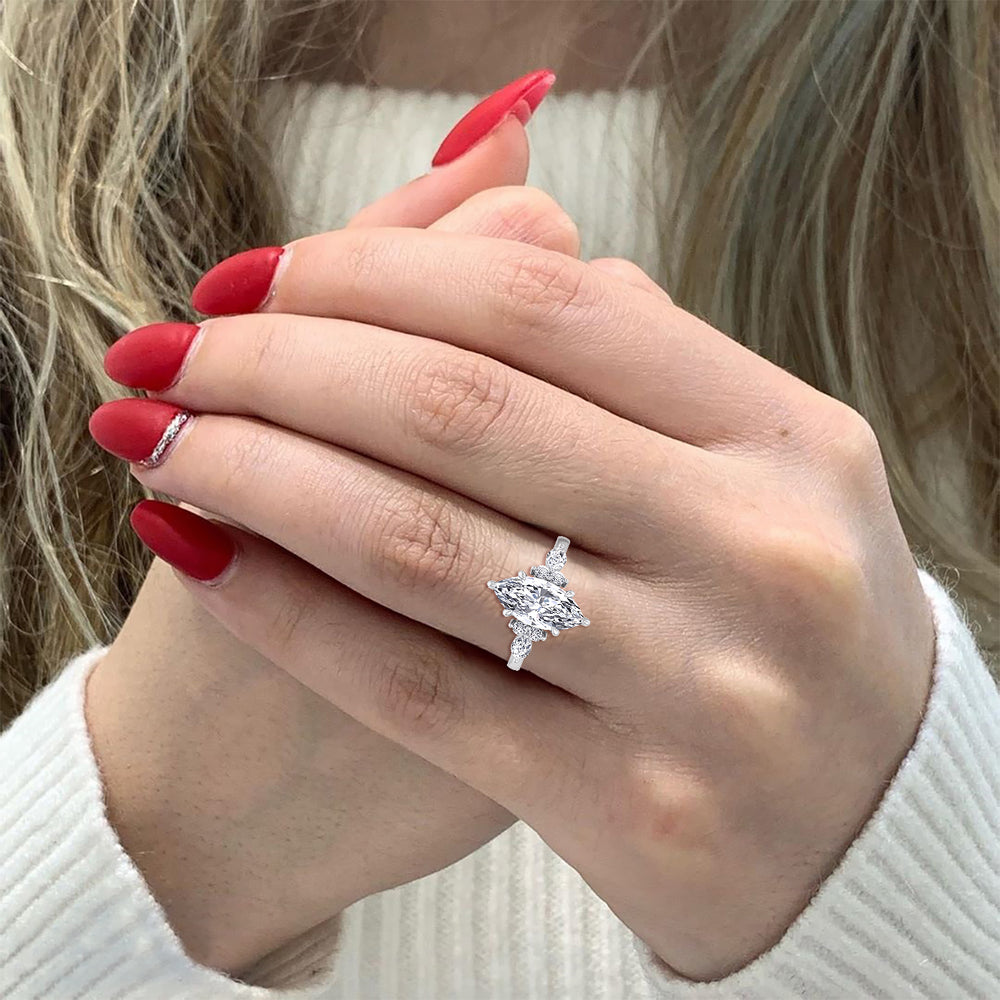 Marquise Shape Lab Grown Diamond Engagement Ring with Marquise and Round Sidestones-White Gold