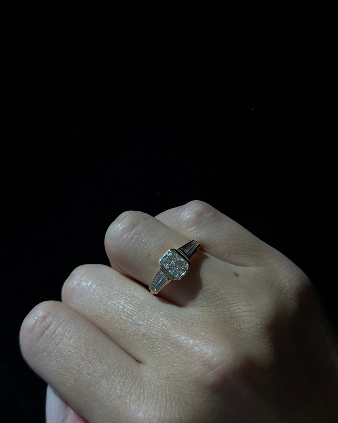 yellow Radiant Cut Bezel Setting Lab Grown Diamond Engagement Ring With Tapered Baguette Sidestones