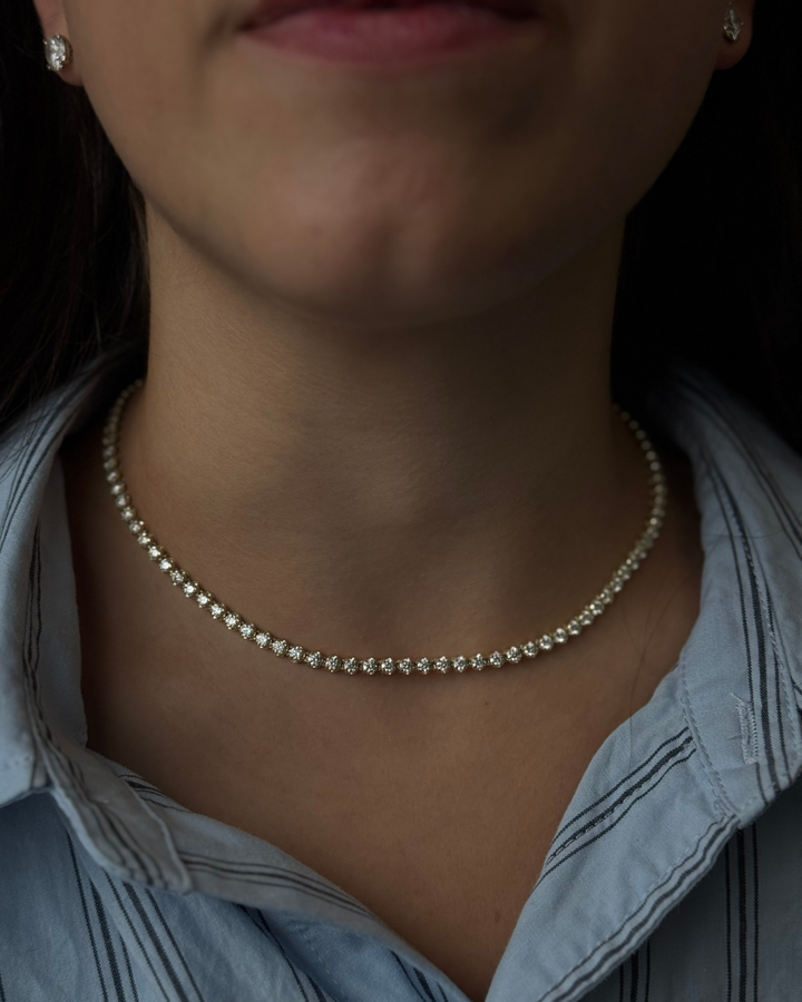 3 Prong Round Shape Lab Grown Diamond Tennis Necklace - Martini Style 14K Solid Gold