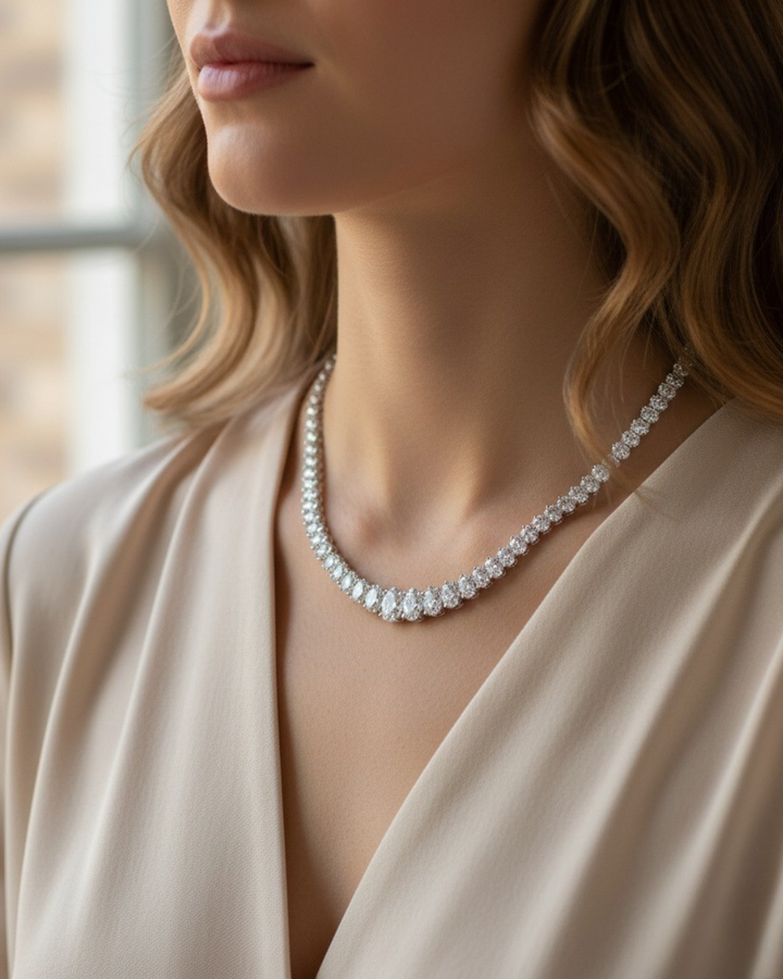 Oval Cut Graduated Lab Grown Necklace 18K Solid Gold